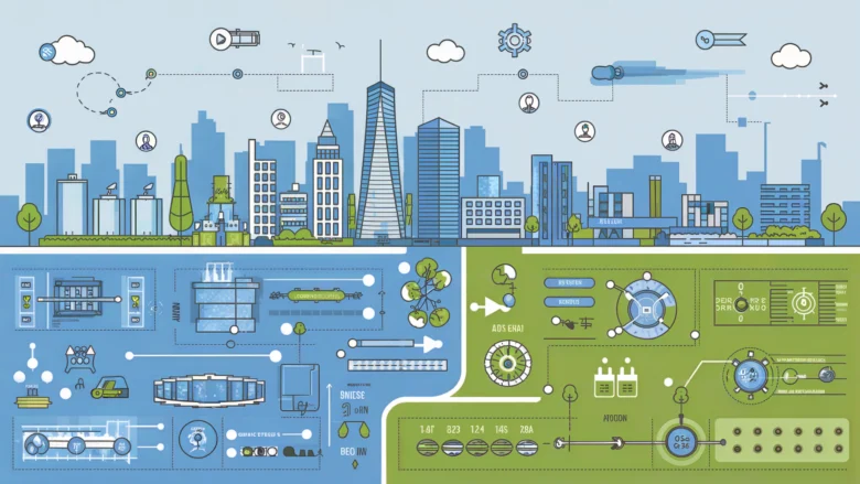 Ilustração em estilo moderno retratando o desenvolvimento do saneamento básico urbano. A imagem é dividida em duas seções: na parte superior, mostra uma cidade moderna com arranha-céus e infraestrutura urbana; na parte inferior, exibe áreas verdes com representações de sistemas de saneamento básico, incluindo tratamento de água e esgoto. A ilustração utiliza tons de azul e verde, simbolizando a integração entre desenvolvimento urbano e sustentabilidade ambiental.