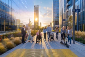 A diverse group of young professionals enjoying an accessible urban sidewalk at golden hour. A woman in a wheelchair and friends using various mobility devices, including a scooter, interact naturally on a wide pathway with yellow tactile paving. Modern glass buildings and colorful landscaping frame the scene, demonstrating universal design principles and inclusive urban mobility. Warm sunlight reflects off the buildings, creating an inviting atmosphere that showcases barrier-free city design.