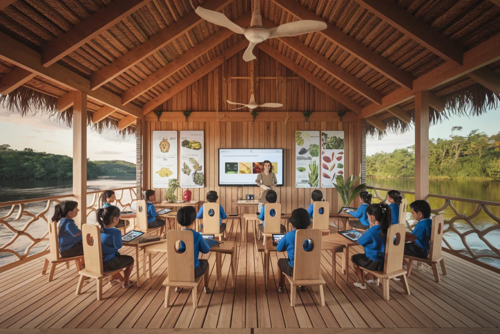 Digital classroom in an Amazon modular school with indigenous children using educational technology while seated at wooden desks in a naturally ventilated structure overlooking the river.