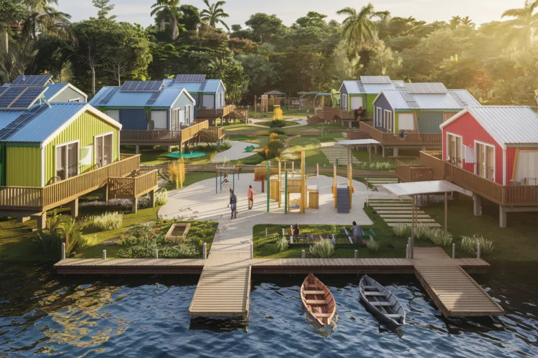 Sustainable modular housing community in the Amazon rainforest with colorful elevated homes, solar panels, community areas, and wooden walkways connecting to river access points for riverside populations.