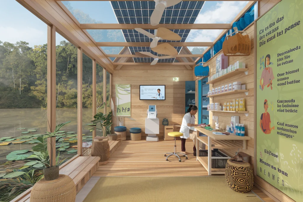 Modular healthcare facility in a riverine Amazon community featuring telemedicine equipment, natural lighting, wooden architecture, and integrated solar power for remote medical consultations.