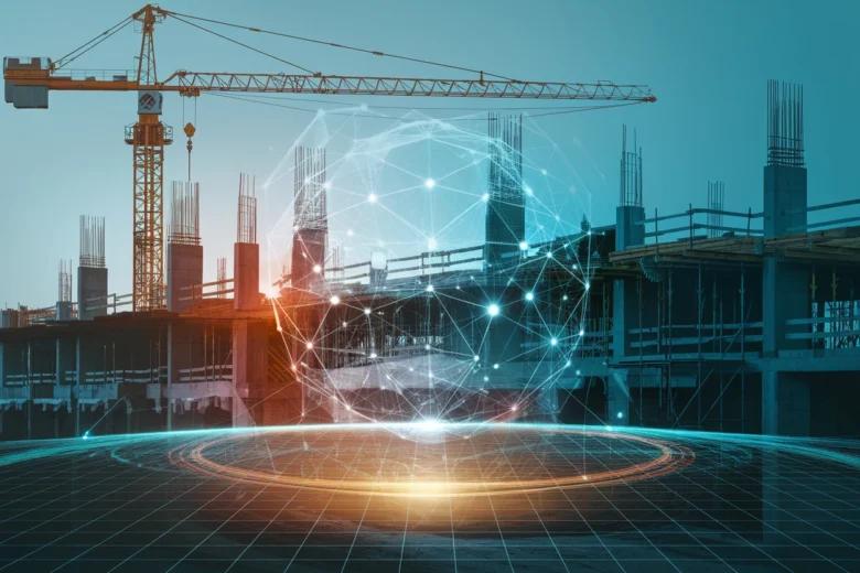 Futuristic digital representation of blockchain technology in construction. A construction site with cranes and unfinished buildings, overlaid with a glowing network of interconnected nodes, symbolizing secure material tracking in public infrastructure projects.