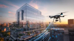 Bella Infra - Drone realizando mapeamento fotogramétrico de um edifício corporativo de vidro ao pôr do sol. Linhas azuis digitais sobrepõem a estrutura, ilustrando o processo de escaneamento 3D em tempo real. A fachada espelhada reflete a luz dourada do entardecer, enquanto o drone captura dados precisos da construção.