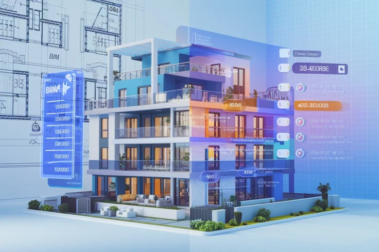 Building Information Modeling (BIM) visualization showing a modern apartment building with digital overlay displaying construction data, component analysis, and automation parameters for remote digital mobile factories. The 3D model transitions from blueprint to physical representation with colored sections highlighting different building systems and IoT monitoring capabilities.