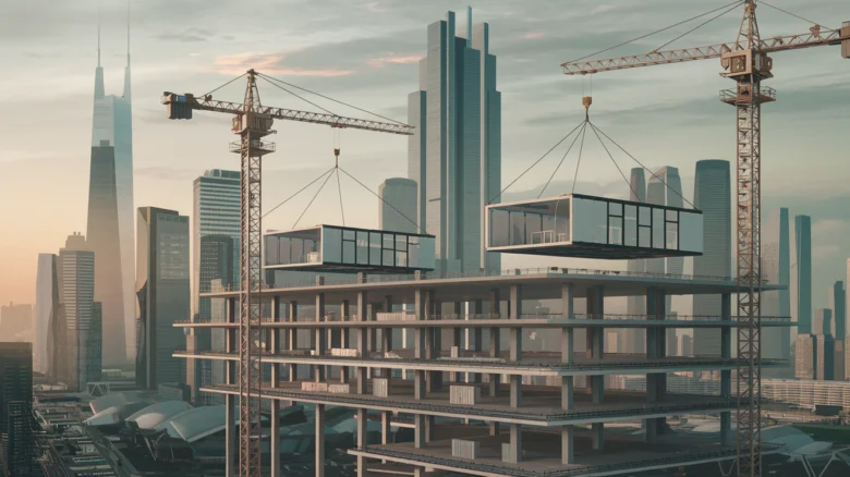 Ilustração de um canteiro de obras moderno utilizando métodos de construção industrializada. Dois módulos pré-fabricados estão sendo içados por guindastes e instalados em uma estrutura de vários pavimentos, com um skyline futurista ao fundo. A cena representa a inovação e eficiência na construção habitacional.