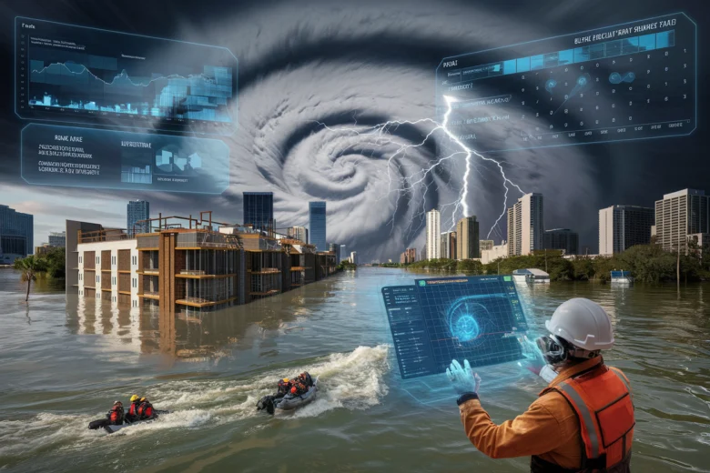 Construction engineer using holographic interface monitors climate data during hurricane and flood disaster response in urban area. High-rise buildings partially submerged in floodwaters while rescue boats navigate through flooded streets. Advanced meteorological dashboards display real-time storm tracking with lightning strikes and severe weather alerts, demonstrating climate resilience technology in infrastructure management.