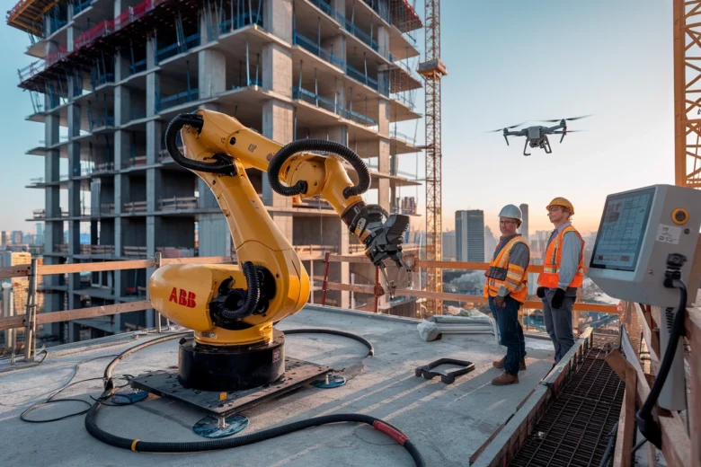 Industrial robotic arm from ABB performing concrete work on a high-rise construction site, supervised by two construction workers in safety gear, with a monitoring drone and digital control panel, during sunset.