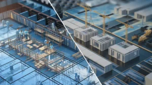 Split-screen comparison of modern construction methods: left side shows interior assembly with workers in blue clothing installing modular components on a factory floor, right side displays prefabricated building modules being positioned by tower cranes on a construction site. Blueprint overlays demonstrate the transition from design to implementation in modular construction and prefabricated building systems.