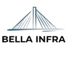 Modern minimalist bridge design featuring a cable-stayed bridge silhouette in steel blue and gray, with stylized suspension cables extending from a central tower. Company name 'BELLA INFRA' in bold black capitals below the bridge symbol.